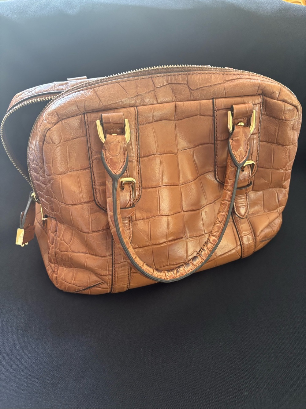 Lauren Ralph Lauren Brown Croc-Embossed 100% Cow Leather Satchel Bag
